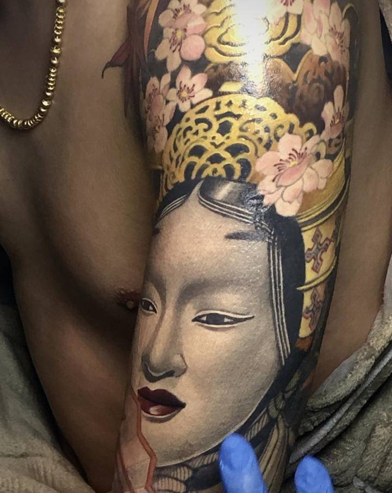 未完成  小面纹身纹身图片_手臂手部新传统樱花小面纹身图案