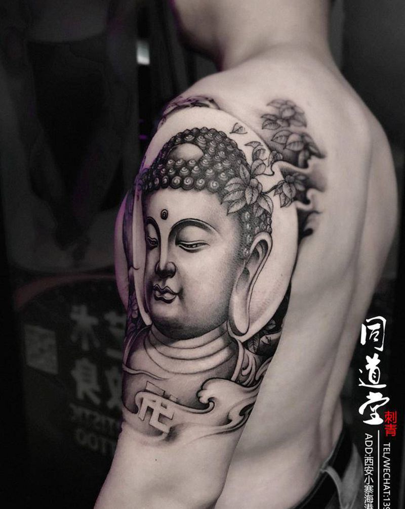 佛像纹身纹身图片_手臂新传统水墨纹身图案