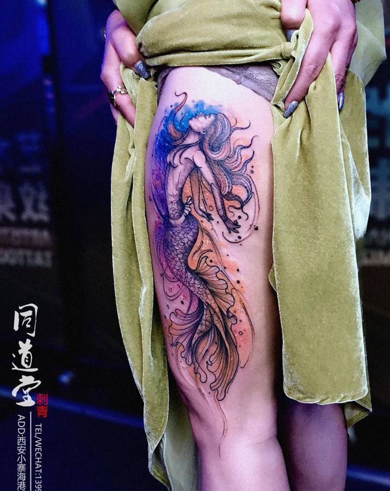 美人鱼纹身纹身图片_腿部水彩欧美写实纹身图案