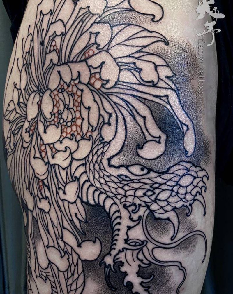 菊花与蛇【未完成】纹身图片_腿部老传统新传统纹身图案