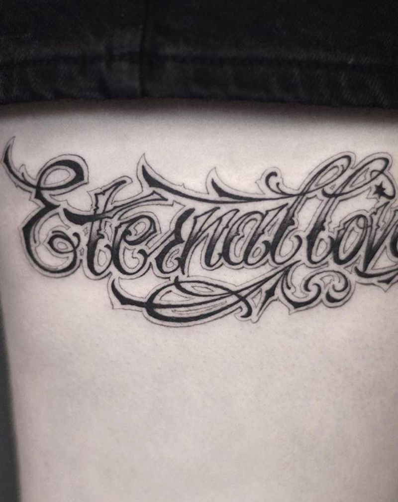 花体字作品纹身图片_腿部花体字纹身图案