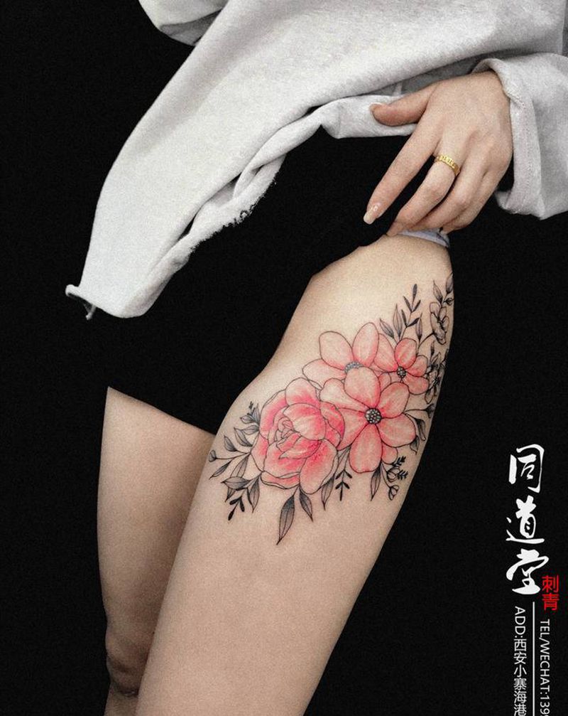 素花纹身纹身图片_腿部水彩点刺纹身图案