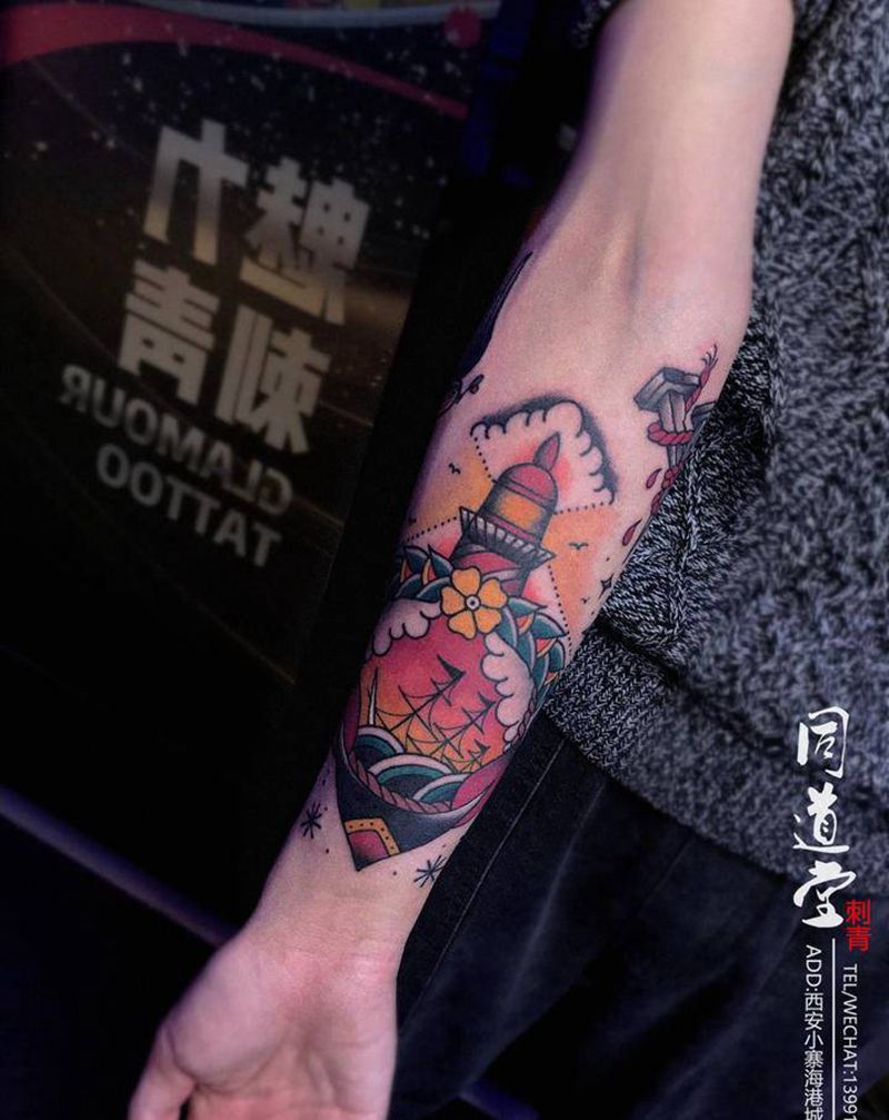 灯塔纹身纹身图片_手臂Old SchoolNew School纹身图案