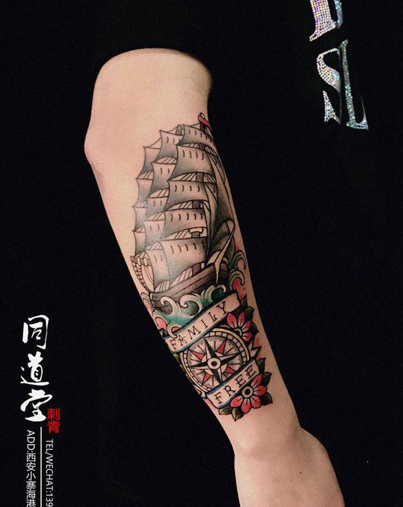 帆船⛵️纹身纹身图片_手臂Old School水彩纹身图案