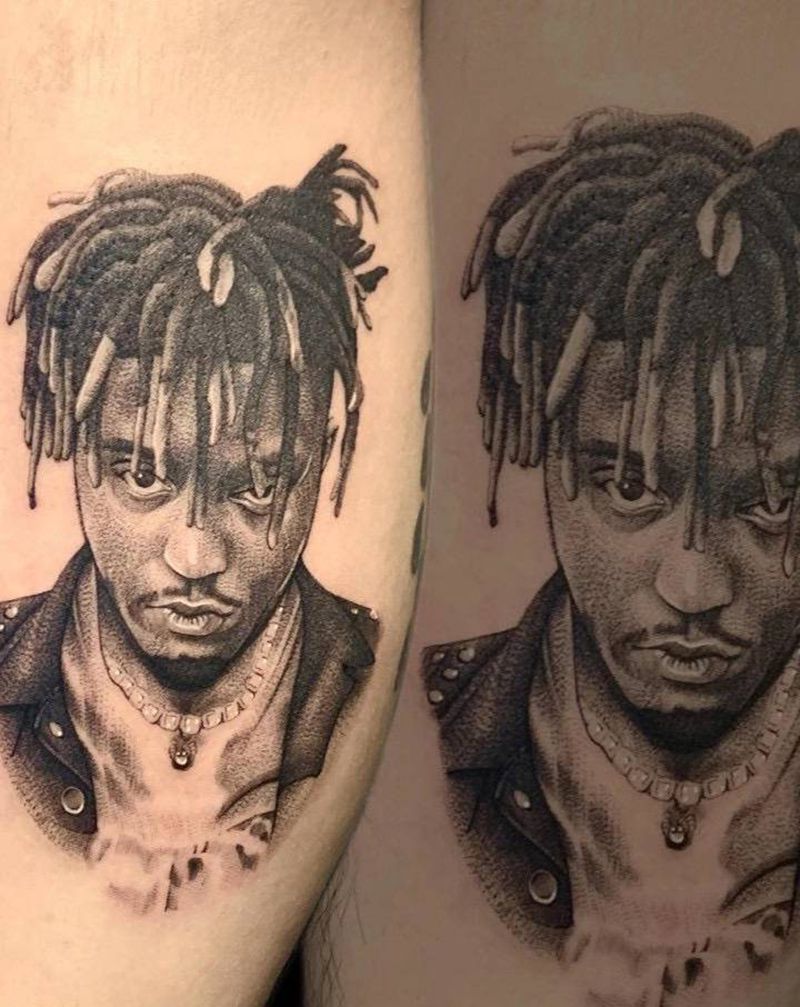 点刺肖像纹身图片_腿部欧美写实纹身图案