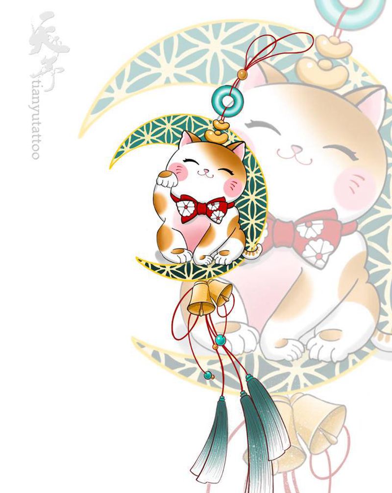 设计手稿·招财猫纹身图片_手臂水彩水墨纹身图案