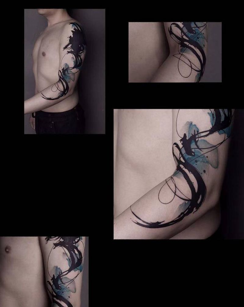 遮盖纹身图片_手臂水墨水彩纹身图案