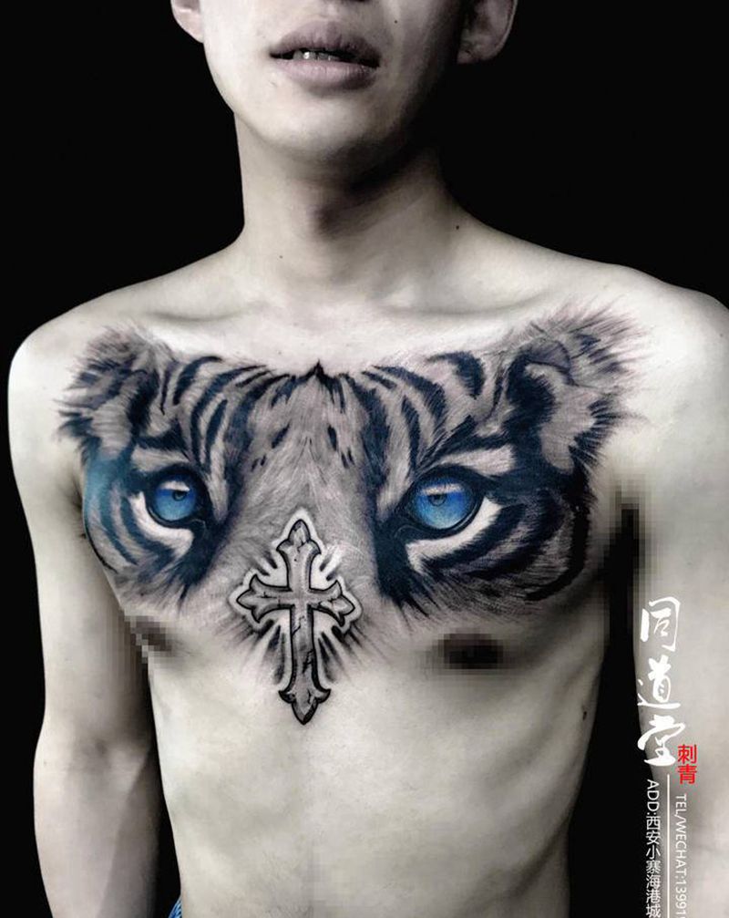大老虎纹身图片_胸部欧美写实New School纹身图案