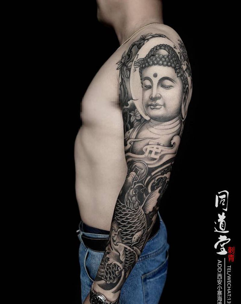 传统花臂纹身图片_手臂新传统水墨纹身图案