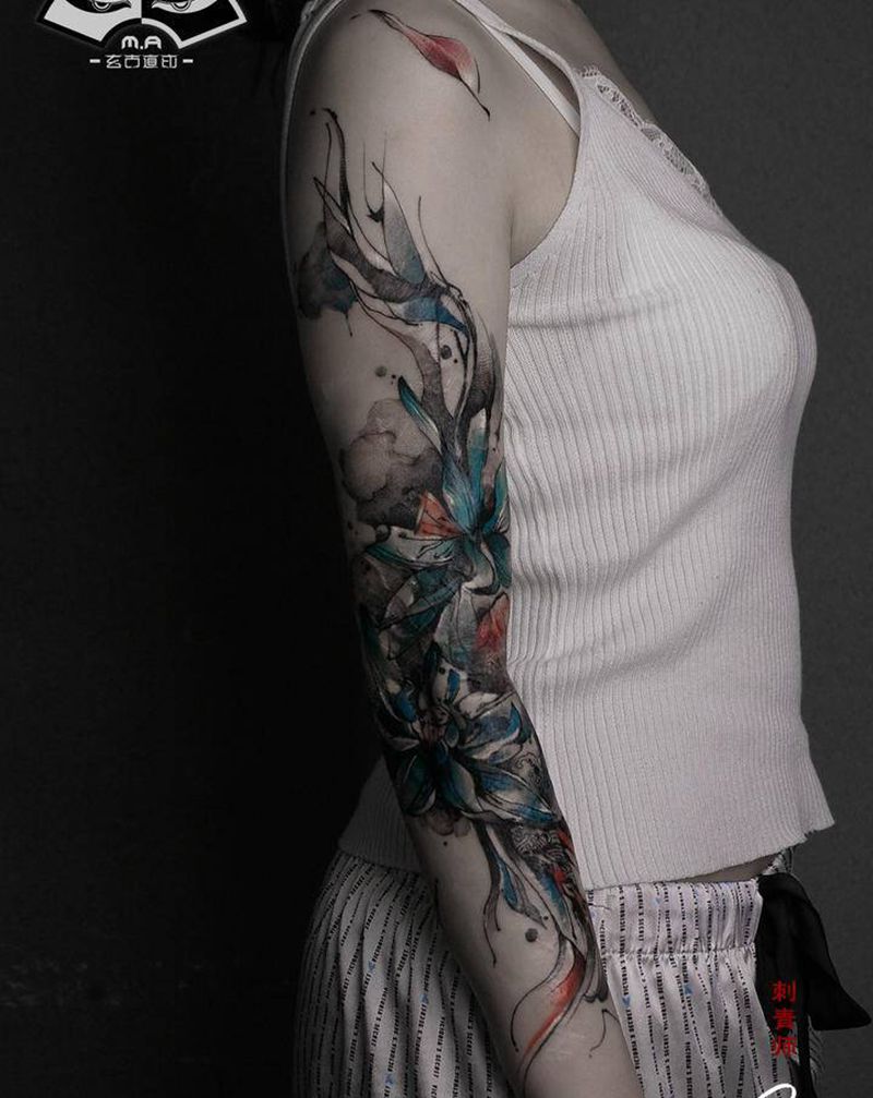 大面积伤疤遮盖纹身图片_手臂水墨纹身图案