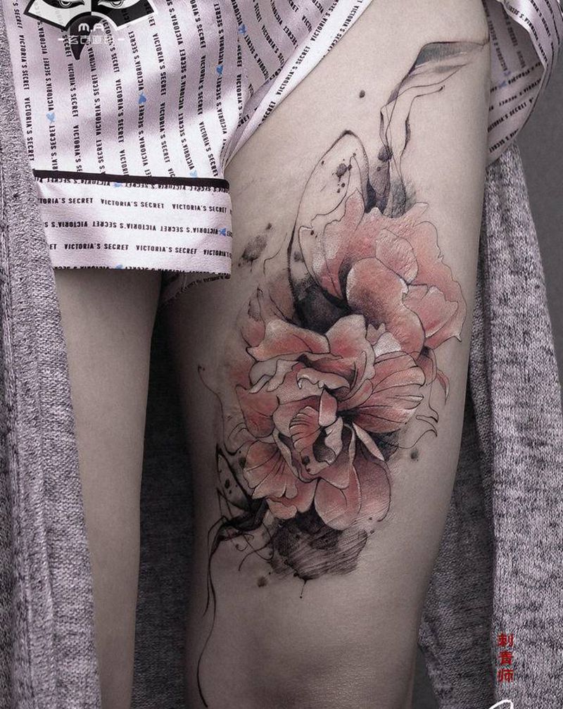 大面积伤疤遮盖纹身图片_腿部水墨纹身图案