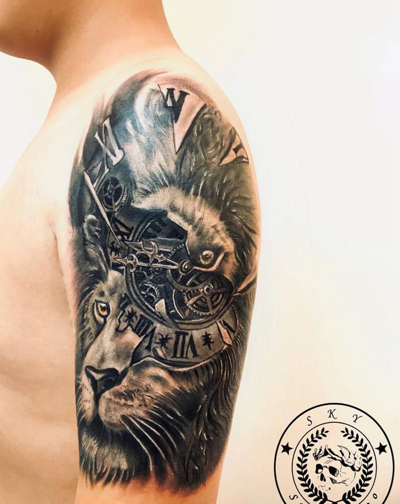 狮子纹身图片_手臂欧美写实纹身图案