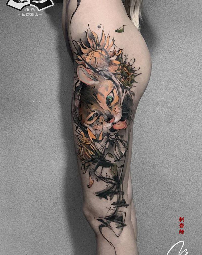 梵高•猫纹身图片_腿部臀部水墨水彩纹身图案