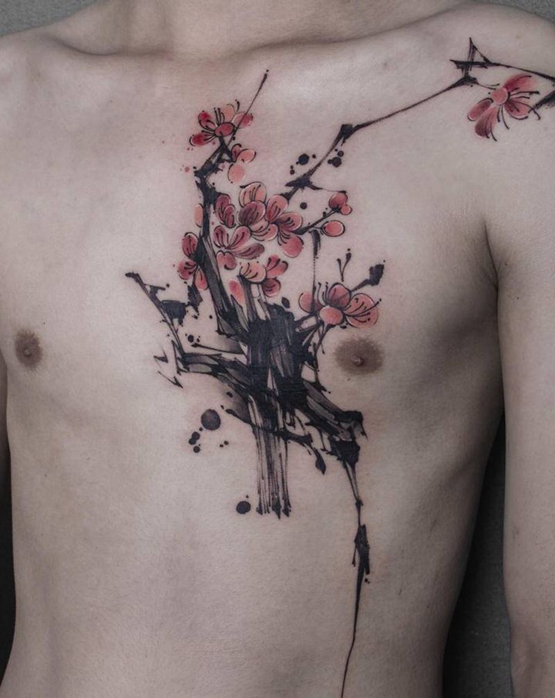 胸口遮盖纹身图片_胸部水墨纹身图案