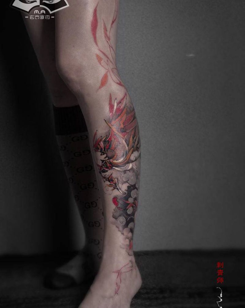 《凤凰》纹身图片_腿部水墨新传统凤凰纹身图案
