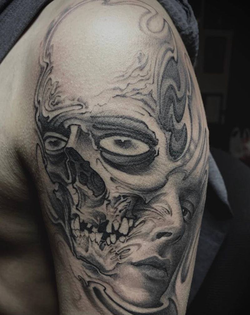 先起个型儿，下回在战纹身图片_手臂欧美写实骷髅纹身图案