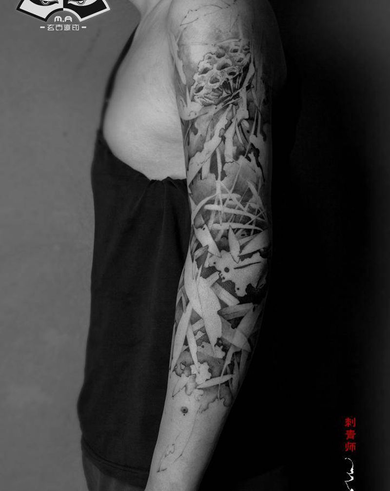 《风骨》纹身图片_手臂水墨老传统荷花莲蓬纹身图案