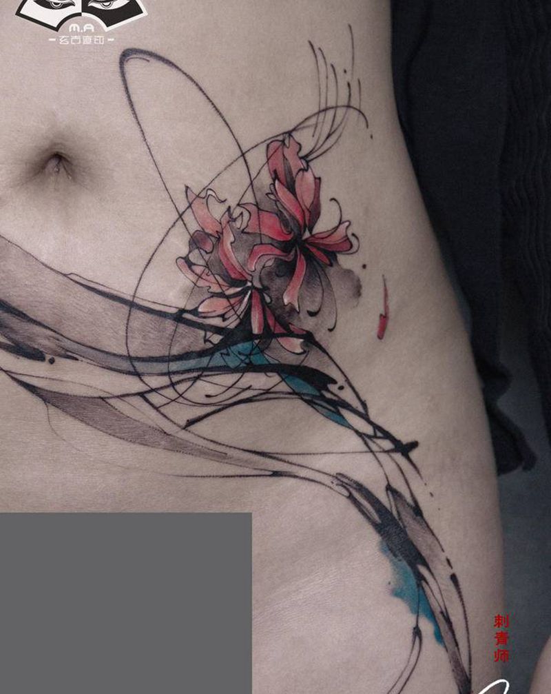 关于母亲纹身图片_腹部水墨水彩纹身图案