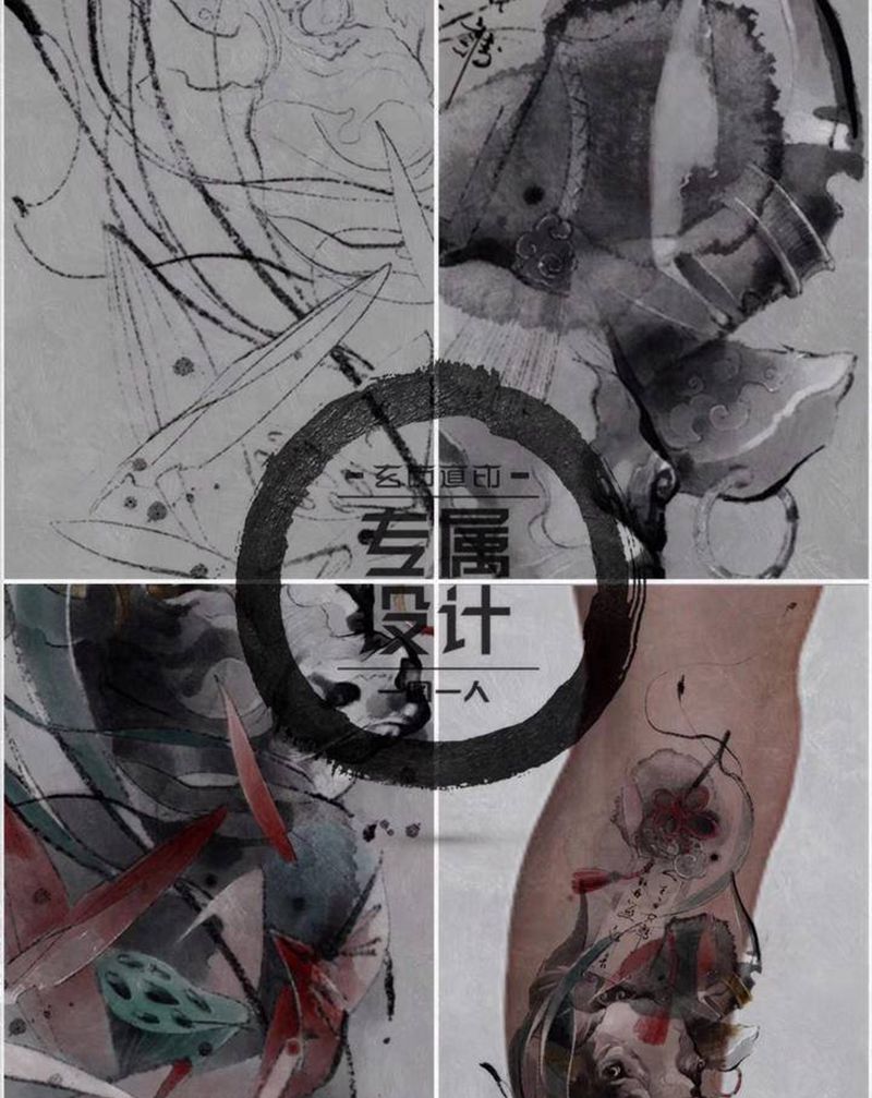 《舐犊情深》纹身图片_腿部水墨新传统牛荷花纹身图案