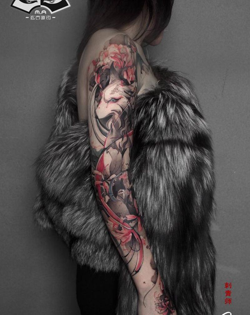 狐狸纹身图片_手臂水墨新传统纹身图案