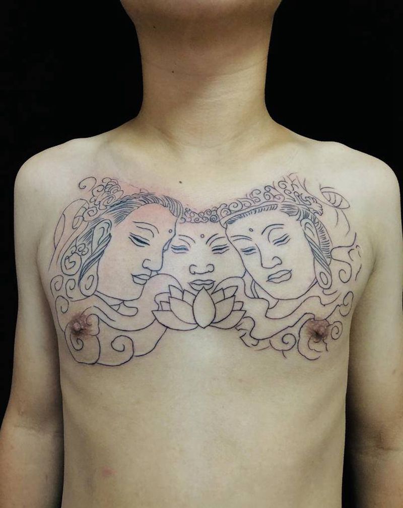 三面佛线条纹身图片_胸部新传统纹身图案