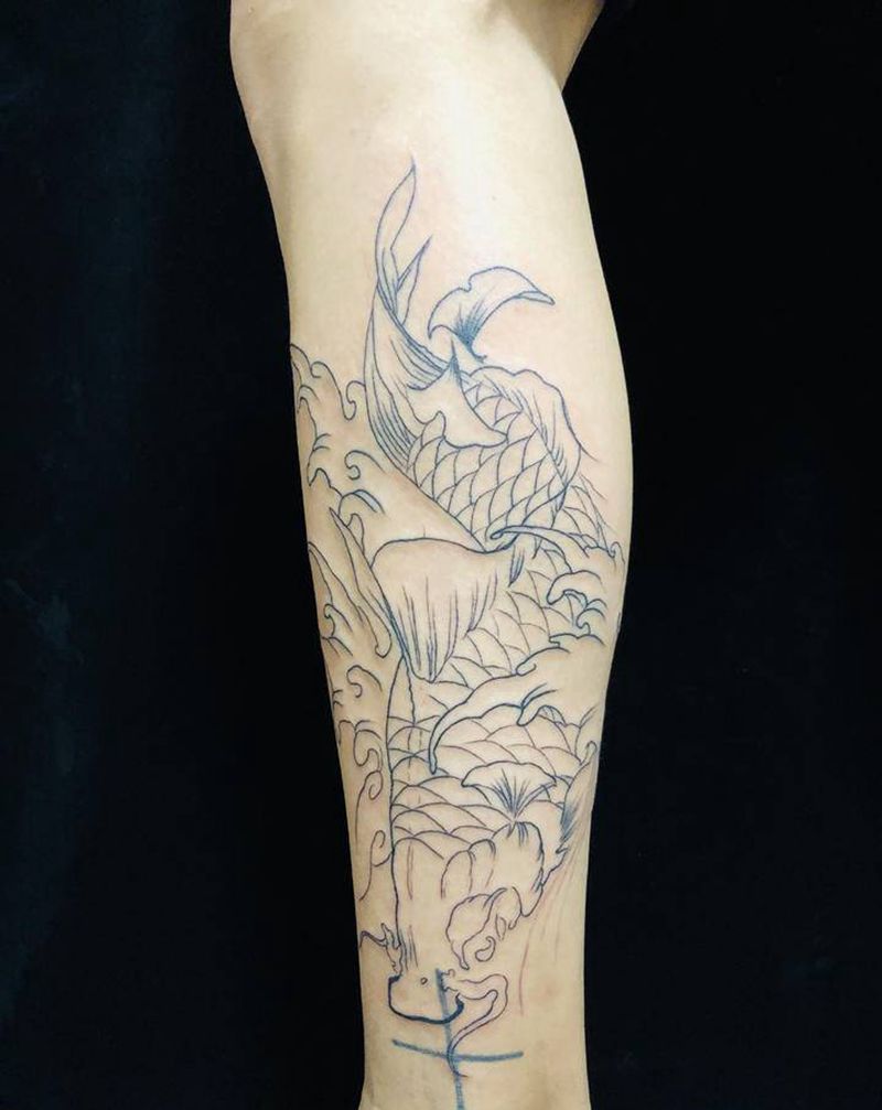 小腿鱼（线条）纹身图片_腿部新传统纹身图案