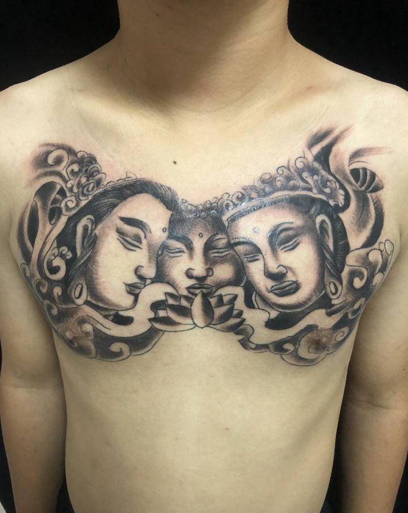 三面佛纹身图片_胸部新传统纹身图案