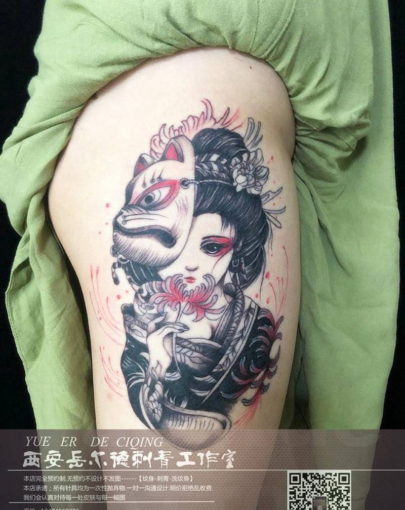 艺妓纹身图片_腿部新传统纹身图案