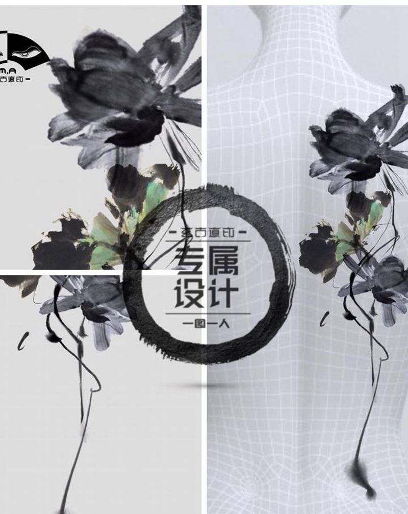 《荷》纹身图片_背部肩部水墨水彩荷花纹身图案