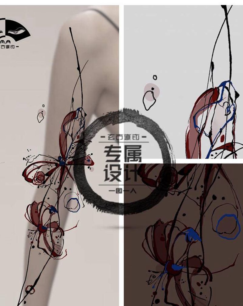 《梦蝶》纹身图片_手部手臂水墨水彩花朵线条纹身图案