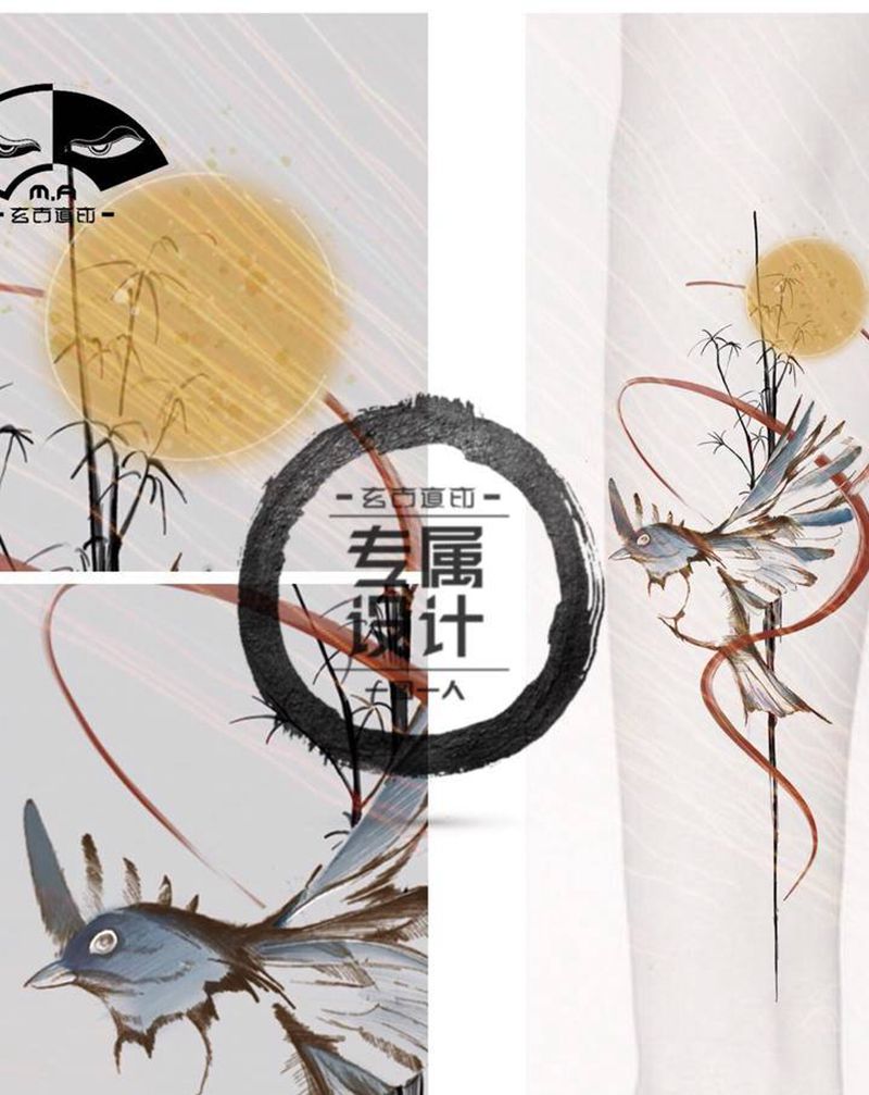 《自由》纹身图片_手臂腰部水墨水彩鸟叶子纹身图案