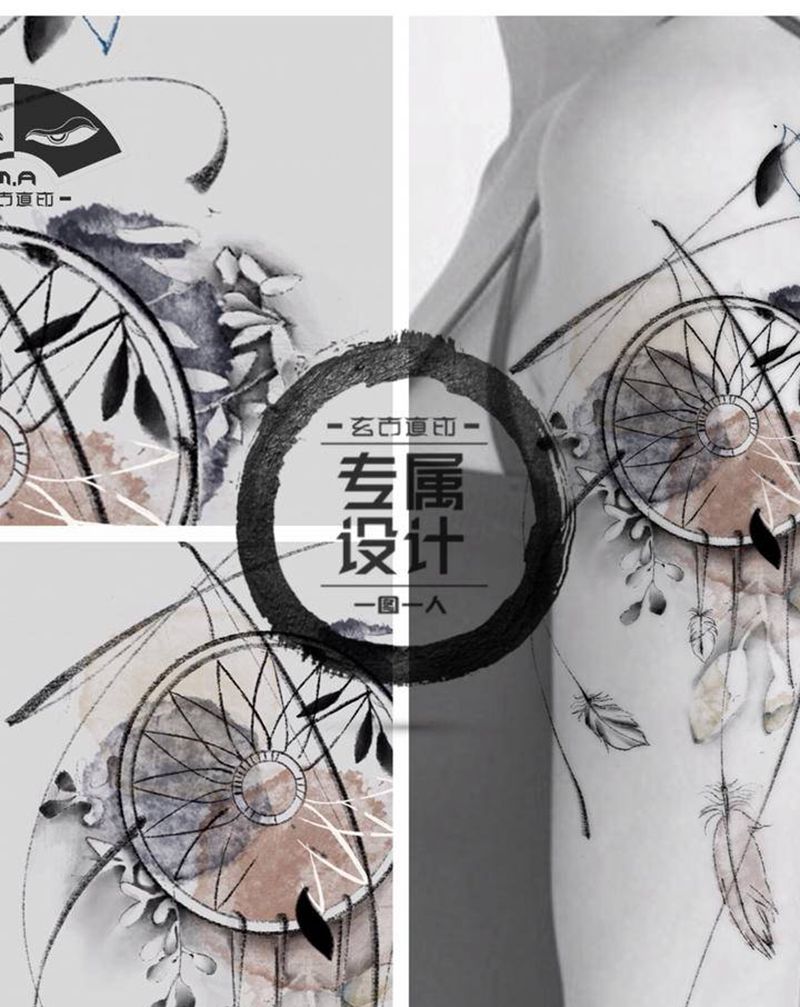 《捕梦》纹身图片_手臂肩部水墨水彩捕梦网清新纹身图案