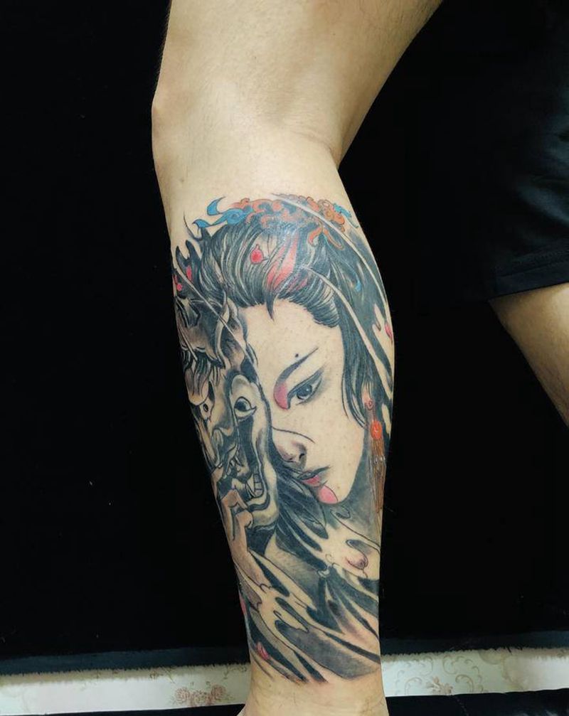 小腿艺妓般若纹身图片_手臂新传统纹身图案