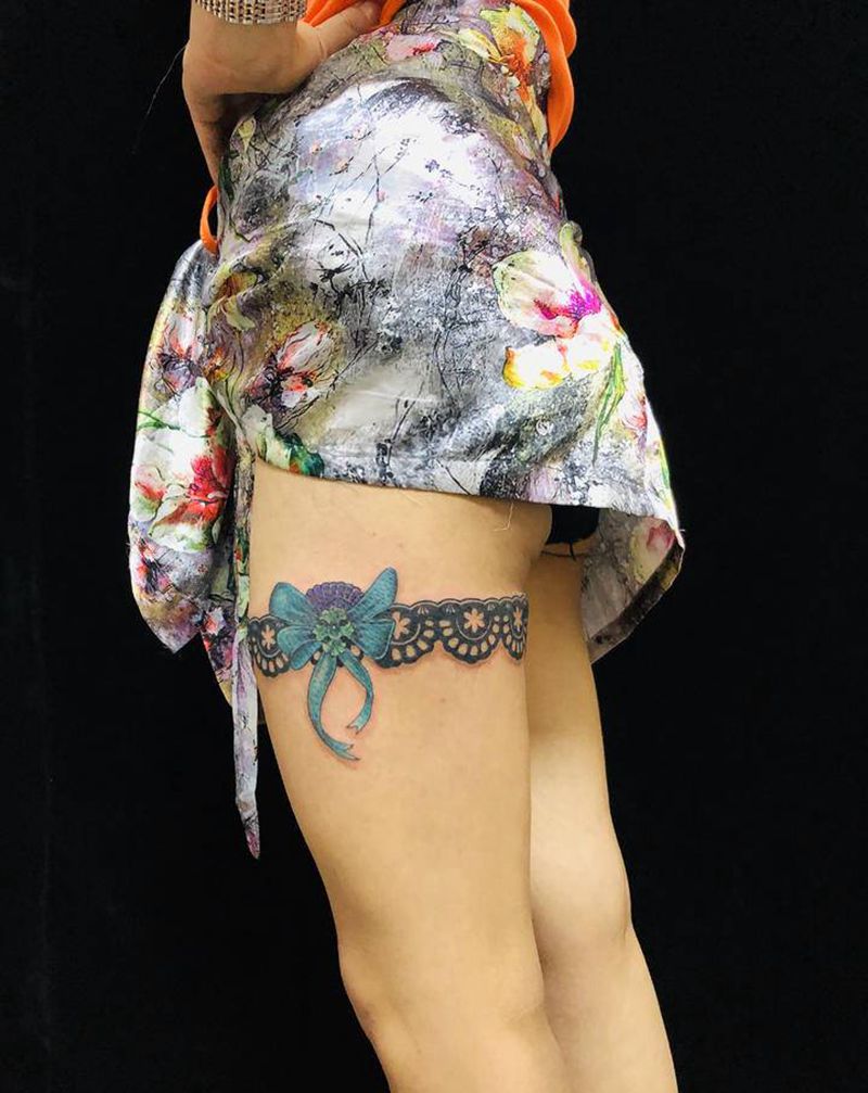 蕾丝纹身图片_腿部新传统纹身图案