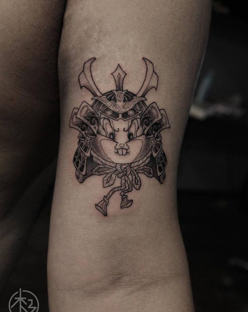小武士纹身图片_手臂新传统New School武士兔子纹身图案