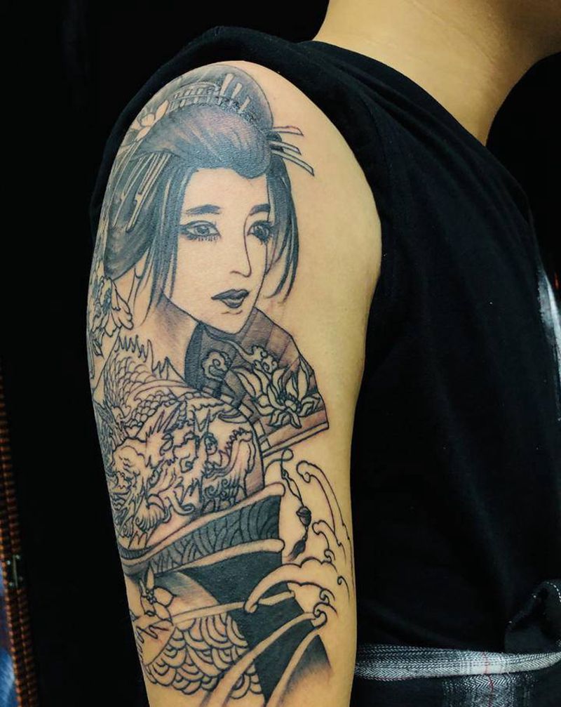 艺妓纹身图片_手臂新传统纹身图案