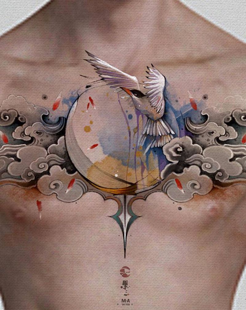 【云雀】纹身图片_胸部水墨水彩纹身图案