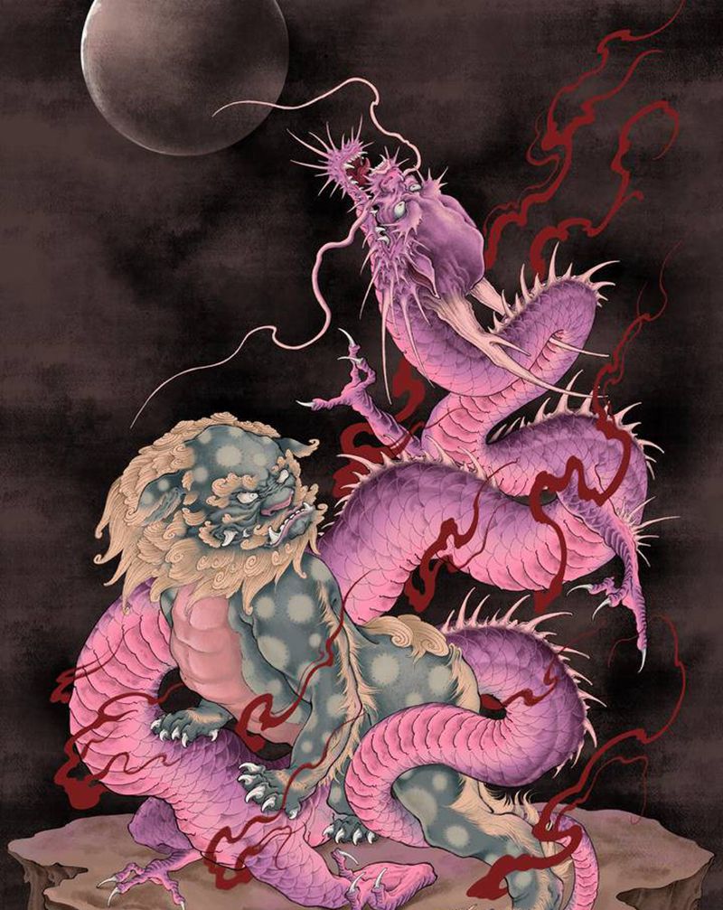 福狮降恶龙纹身图片_背部手臂新传统New School唐狮子龙福狮纹身图案