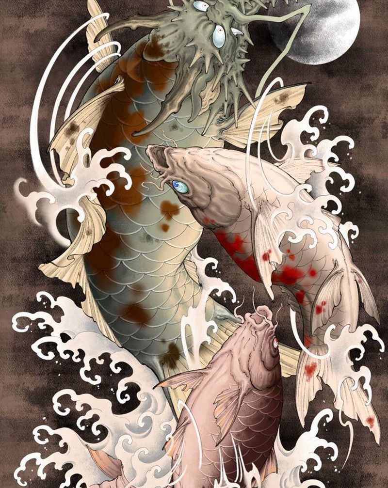 鳌鱼纹身图片_手臂背部新传统New School鲤鱼鳌鱼水浪纹身图案