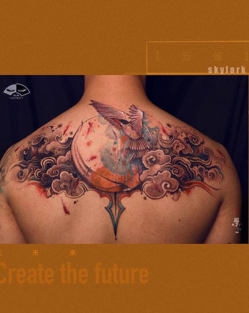 【云雀】纹身图片_背部水墨水彩纹身图案