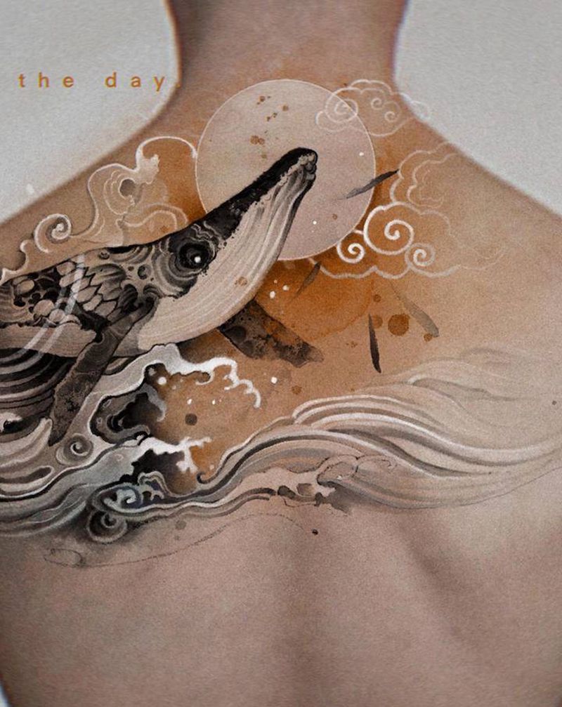 【朝】纹身图片_背部水墨水彩情侣图案纹身图案