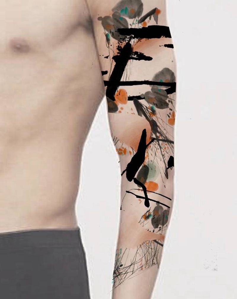 《知秋》纹身图片_手臂肩部水彩水墨花臂国等叶子纹身图案