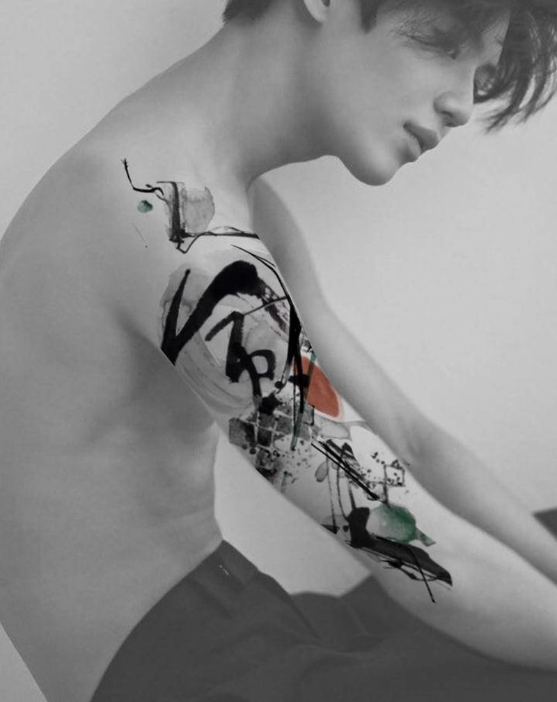 汉字纹身图片_手臂腿部水墨水彩风国风抽象纹身图案