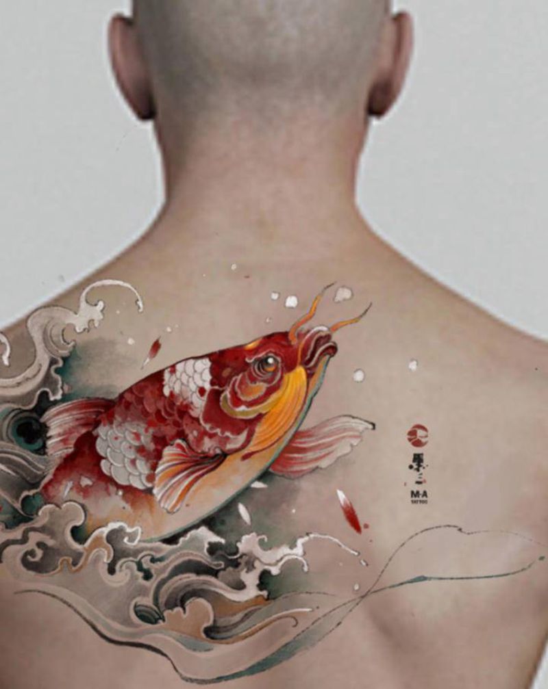 【福锦】纹身图片_背部水墨水彩纹身图案