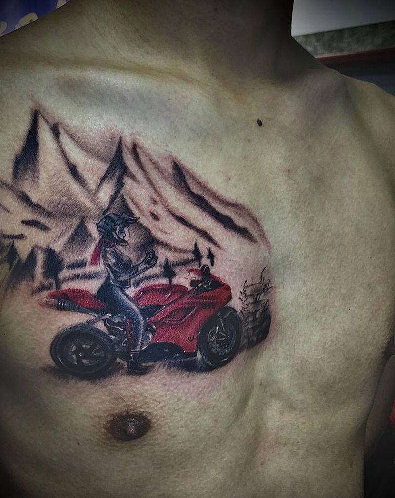 摩托车纹身图片_胸部欧美写实纹身图案