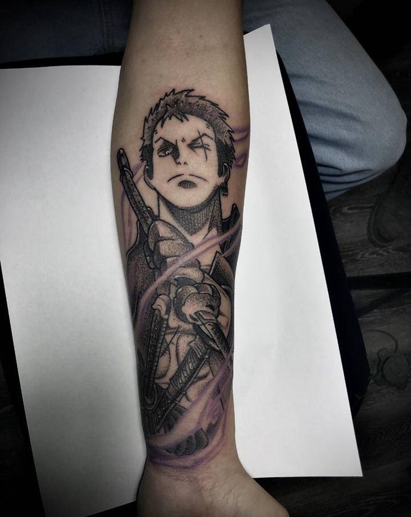 海贼王索隆纹身图片_手臂Old School点刺纹身图案
