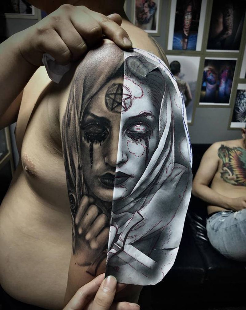 修女纹身图片_手臂欧美写实纹身图案