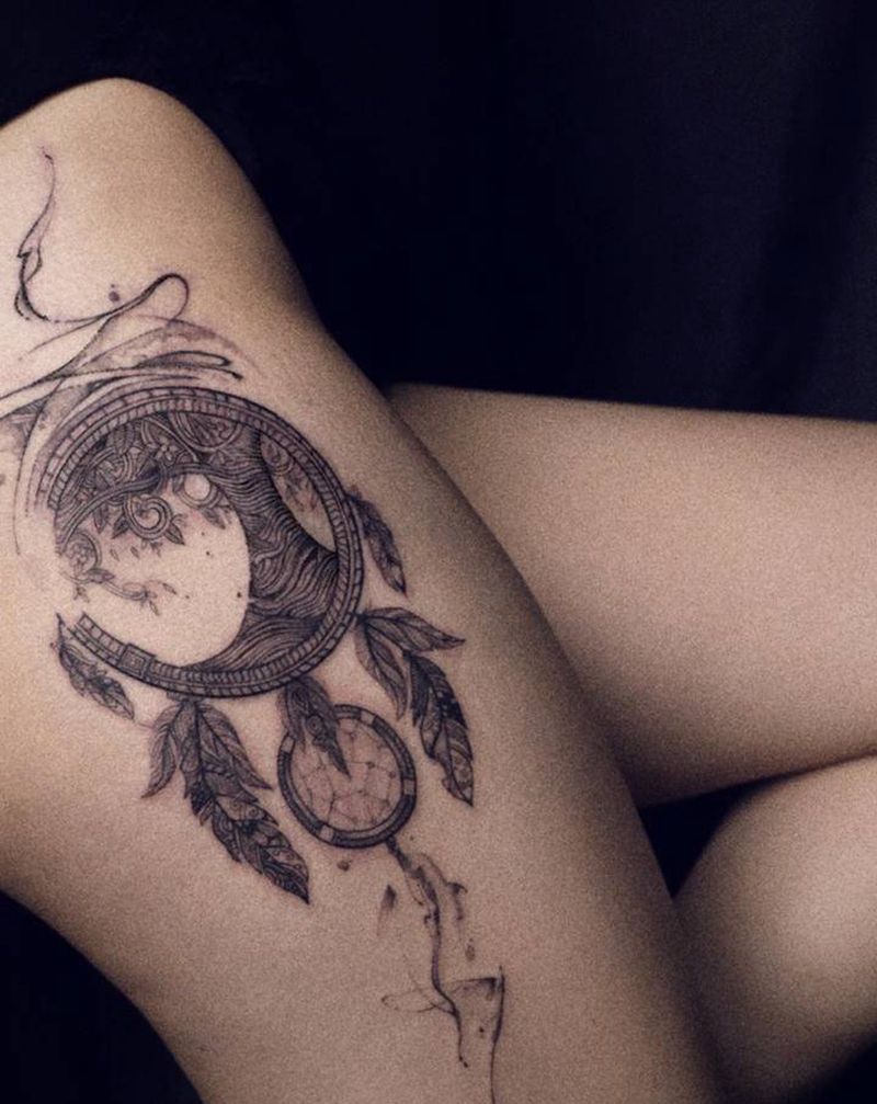 【树】纹身图片_腿部水墨线条树纹身图案