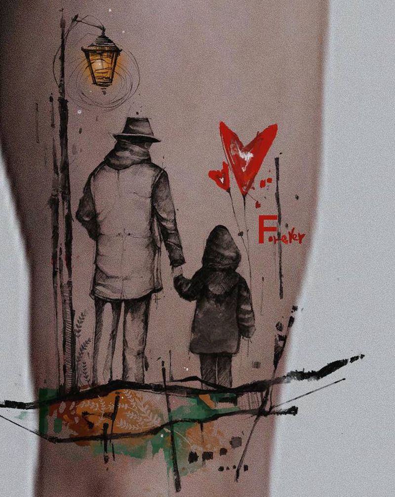 【父与子】纹身图片_手臂腿部表现主义纹身图案