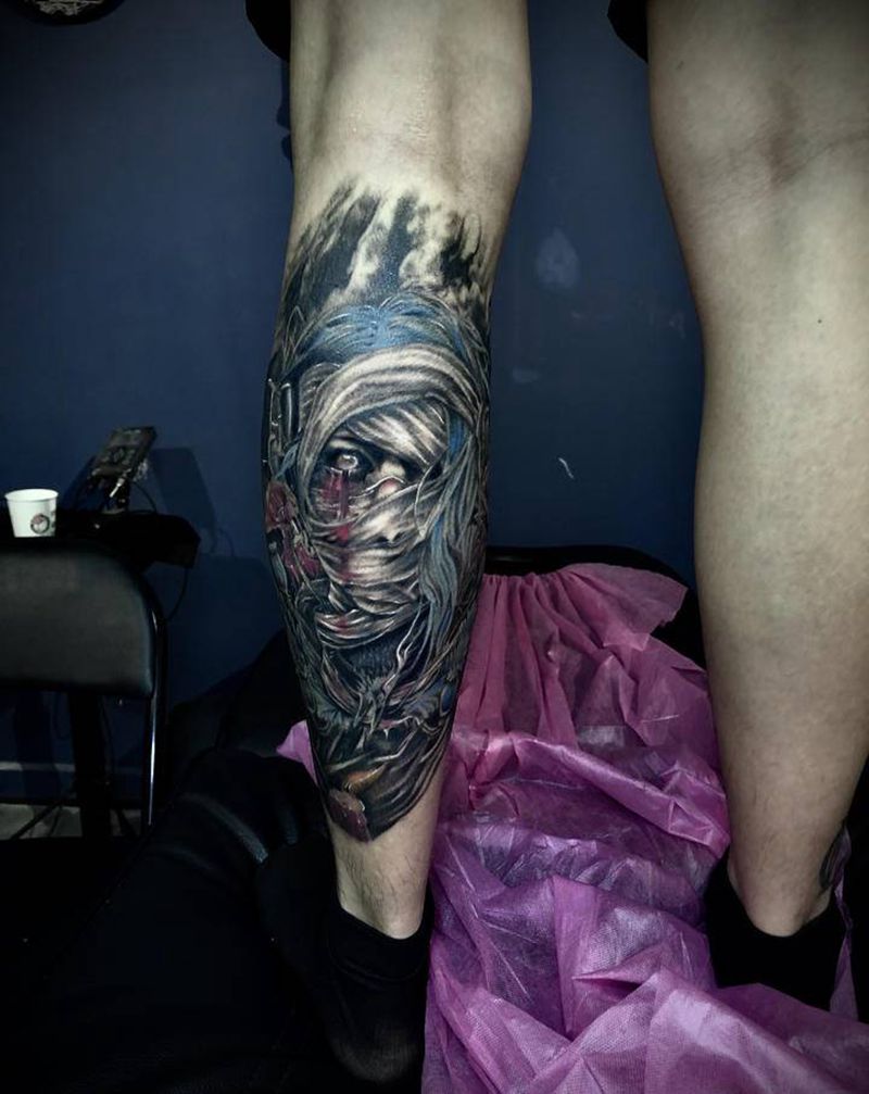 吸毒者纹身图片_腿部欧美写实纹身图案